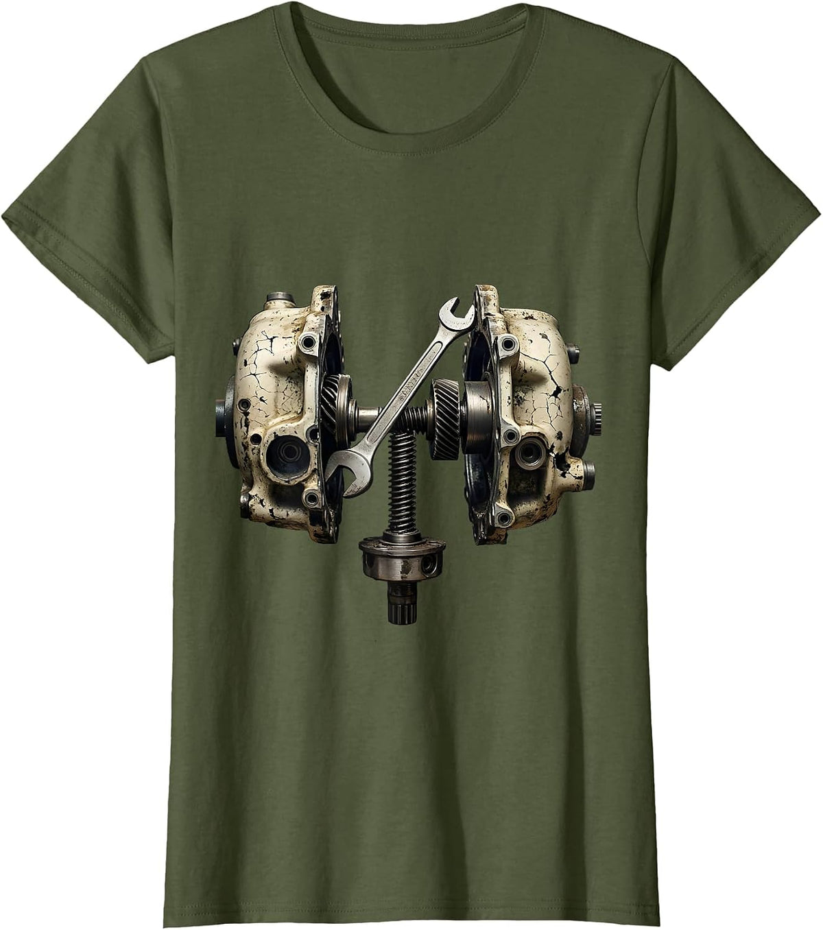 Women's Split Crankcase Distressed Car Guy Mechanic Garage Humor T-Shirt - Olive Green