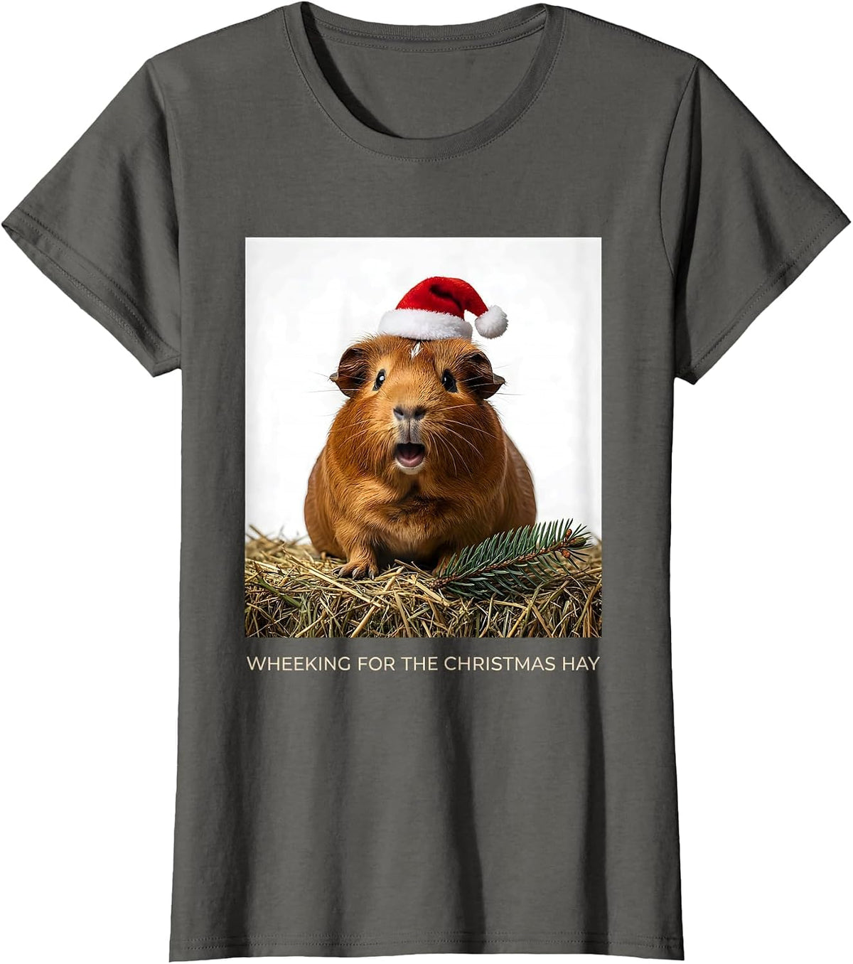 Women's Wheeking For The Christmas Hay Funny Guinea Pig Santa Hat T-Shirt - Asphalt Grey