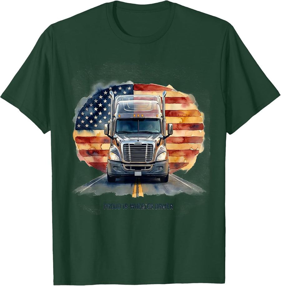 Men's Proud 18-Wheeler Driver Patriotic American Flag Semi Truck T-Shirt - Dark Green