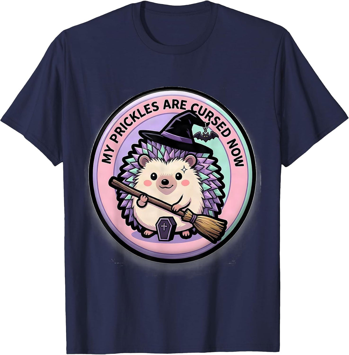 Men's My Prickles Are Cursed Now Pastel Goth Kawaii Hedgehog Witch T-Shirt - Navy Blue