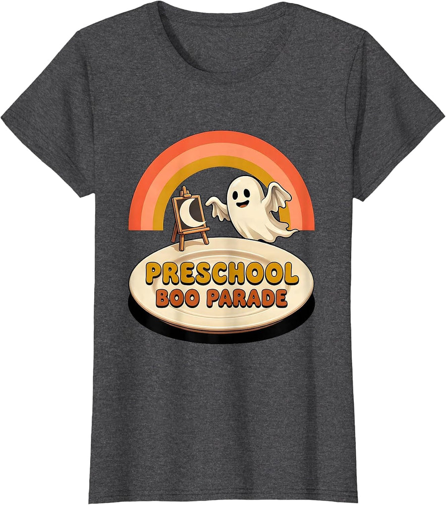 Women's Preschool Boo Parade Retro 70s Halloween Teacher Spooky T-Shirt - Dark Heather Grey