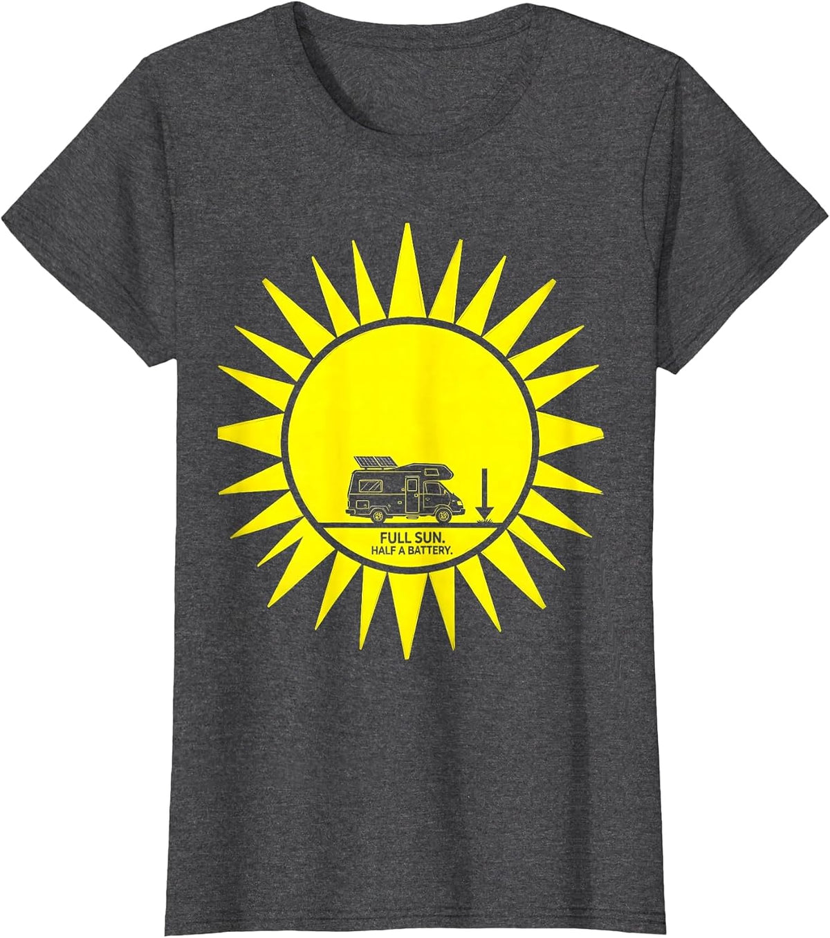 Women's Full Sun Half A Battery Retro Van Life Nomad Travel Pride T-Shirt - Dark Heather Grey