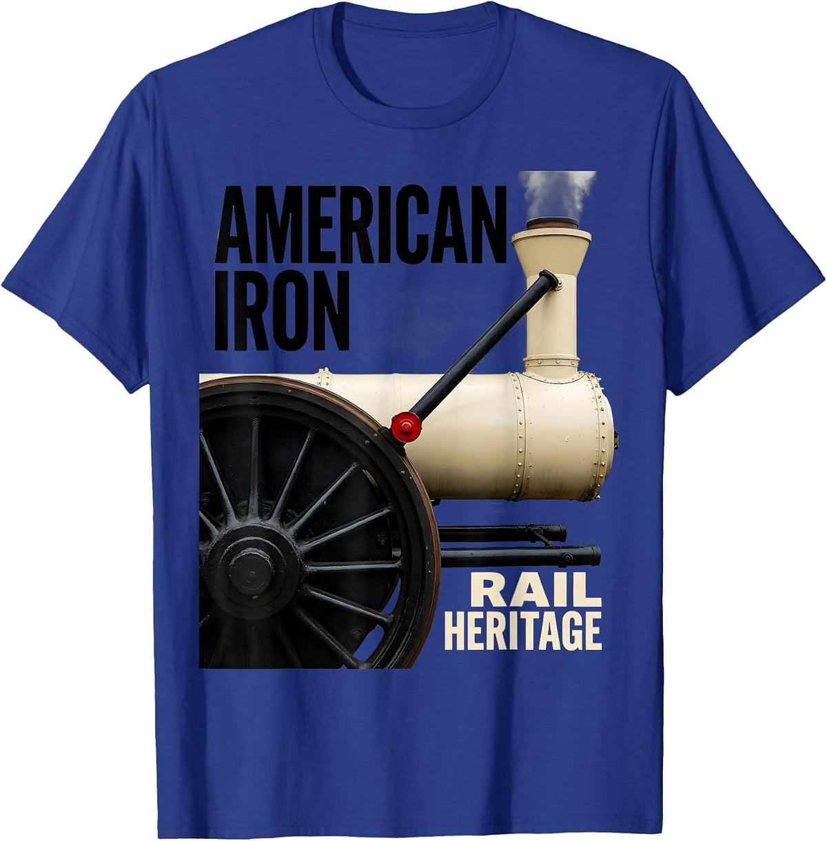 Men's American Iron Rail Heritage Retro Steam Locomotive Train T-Shirt - Royal Blue