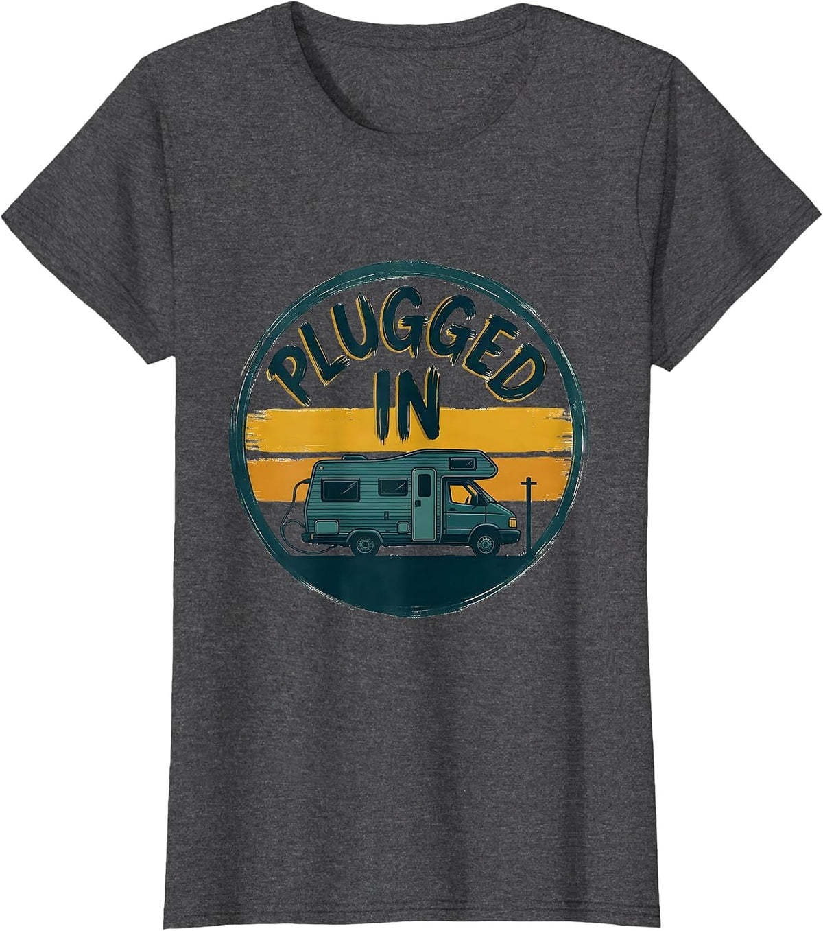 Women's Plugged In Retro Van Life Nomads Camper Badge T-Shirt - Dark Heather Grey