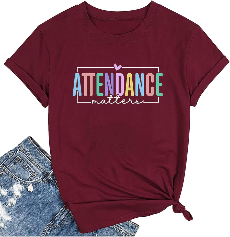Teacher Shirts for Women Funny Attendance Matters T-Shirt School Counselor Graphic Tee Casual Short Sleeve Top - Red