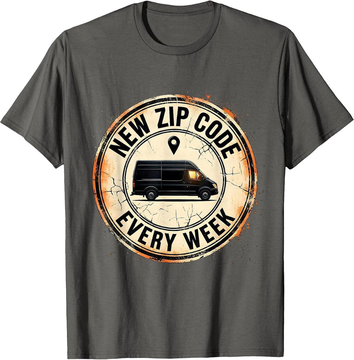 Men's New Zip Code Every Week Distressed Van Life Retro Road Trip T-Shirt - Asphalt Grey