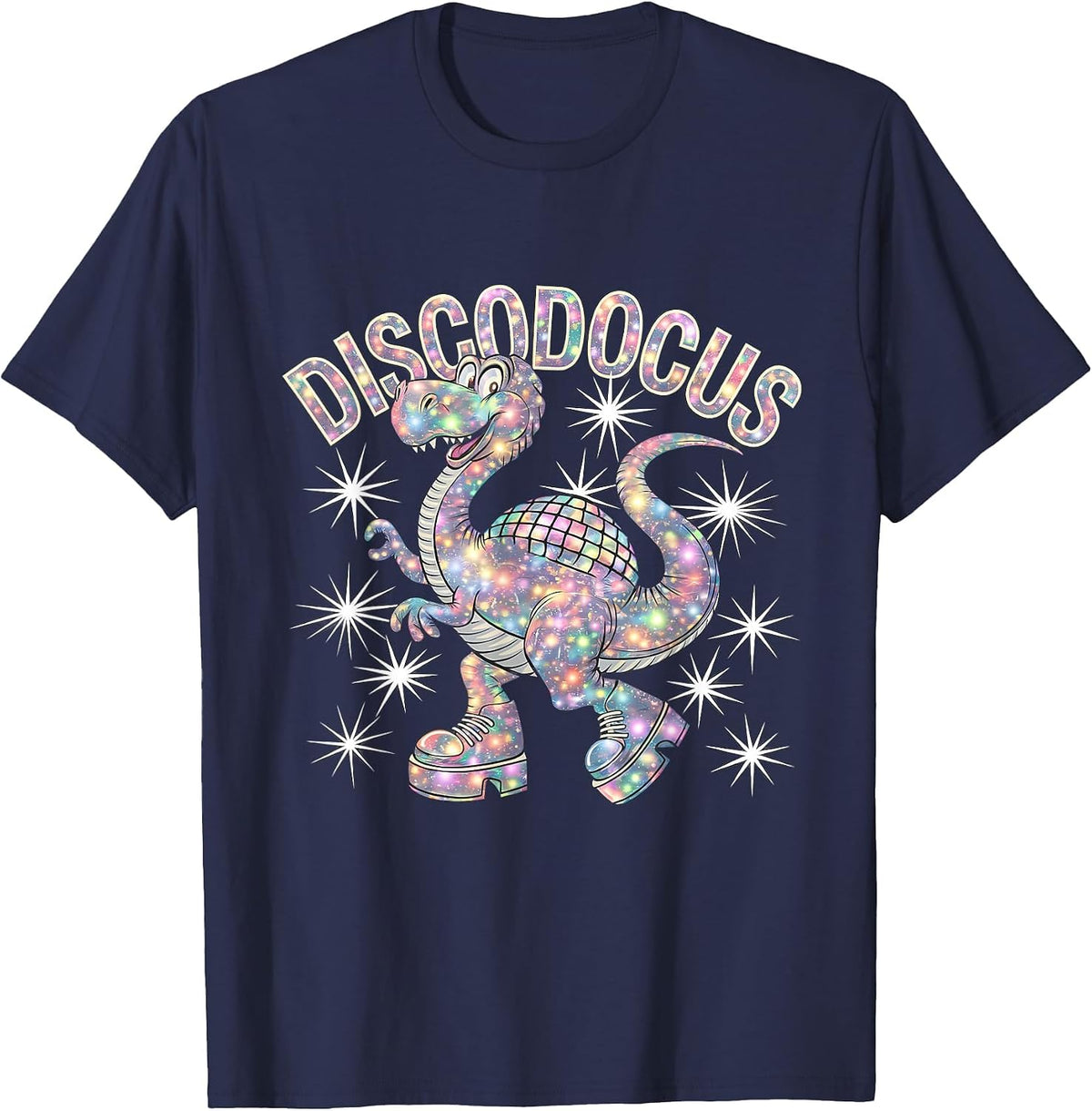 Disco Ball Diplodocus Dinosaur 70s Funny Disco Dance Party T-Shirt - Navy Blue