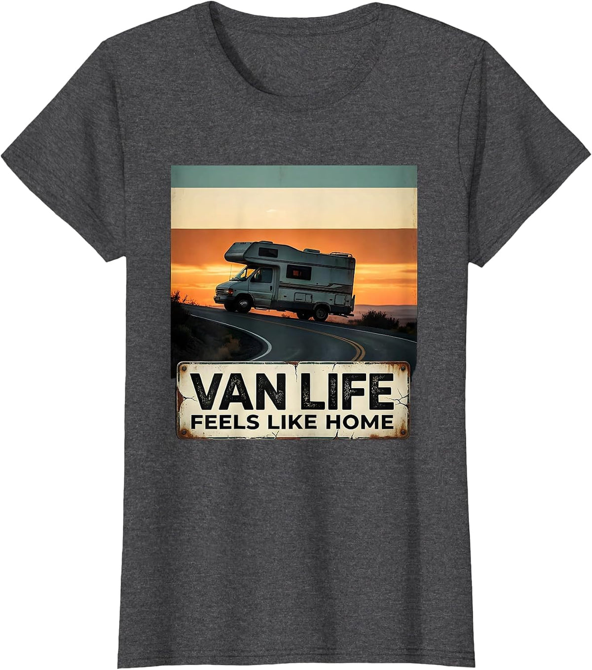 Women's Van Life Feels Like Home Distressed Van Dwellers Nomad Pride T-Shirt - Dark Heather Grey
