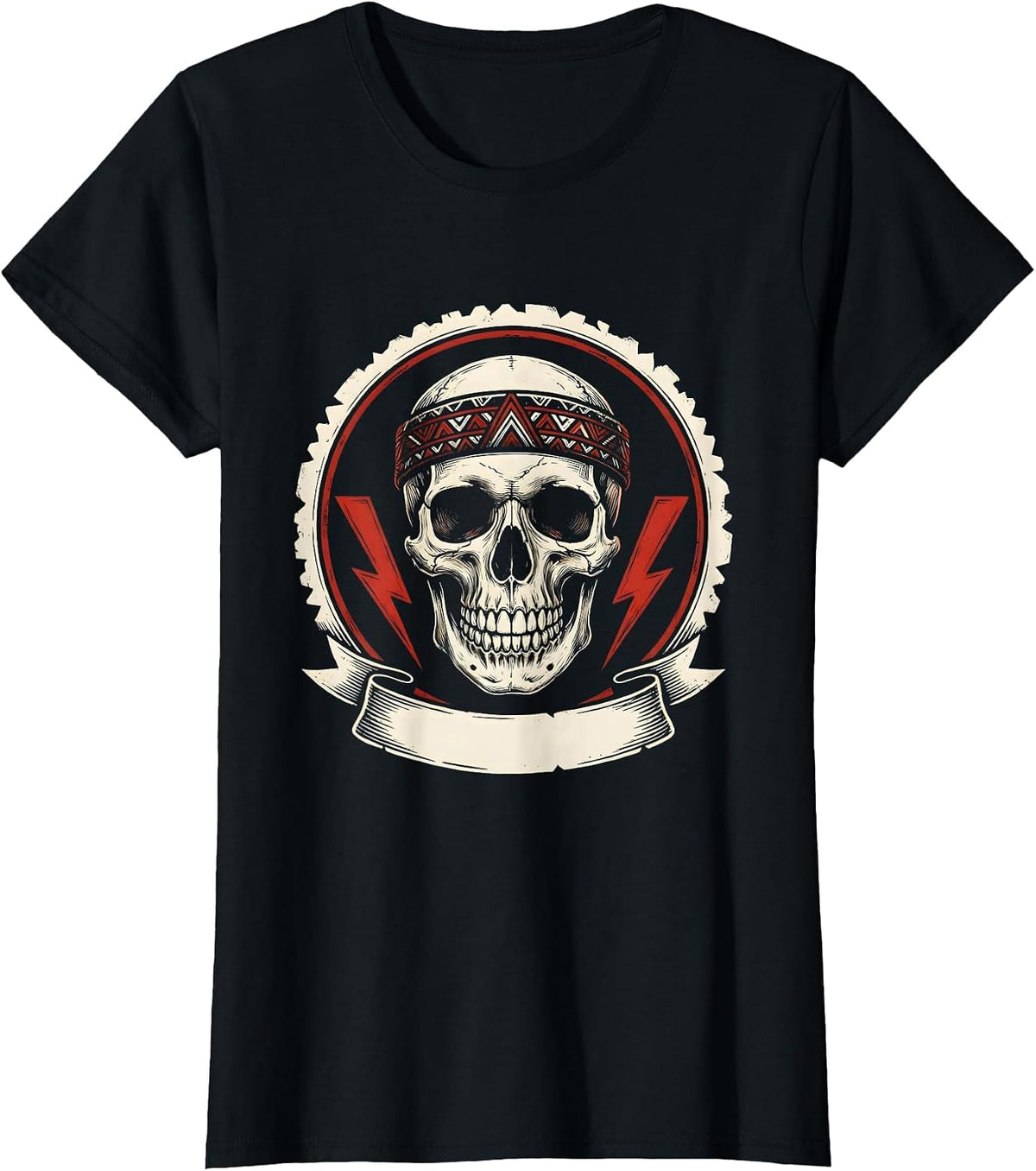 Rock Skull Vintage Headband Graphic Design T-Shirt - Black