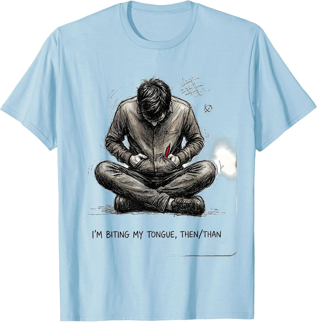 Men's I'm Biting My Tongue, Then/Than Funny Grammar Teacher Humor T-Shirt - Baby Blue