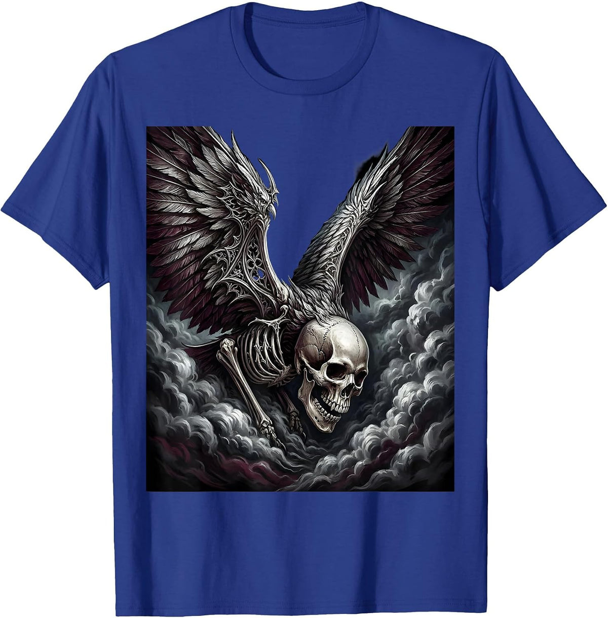 Winged Skull Storm Clouds 80s Rock Art T-Shirt - Royal Blue