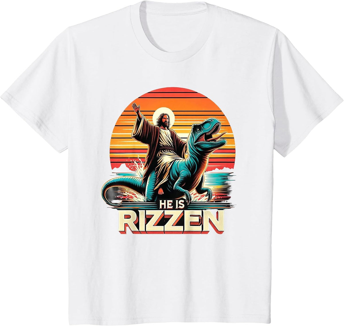 He is Rizzen Jesus Retro Christian Dinosaur T-Shirt - White