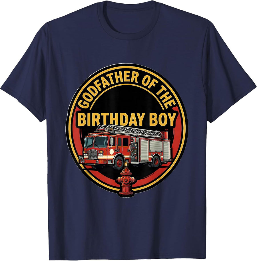 Godfather of the Birthday Boy Funny Fire Truck Firefighter T-Shirt - Navy Blue