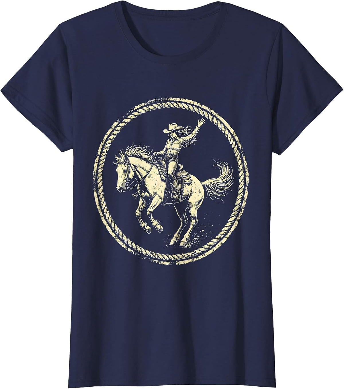 Women's Cowgirl Bucking Bronco Rodeo Rider Illustration T-Shirt - Navy Blue