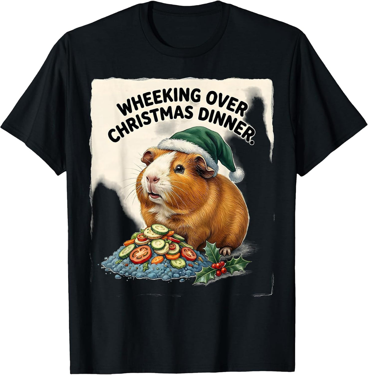 Men's Wheeking Over Christmas Dinner Funny Guinea Pig Santa Hat T-Shirt - Black