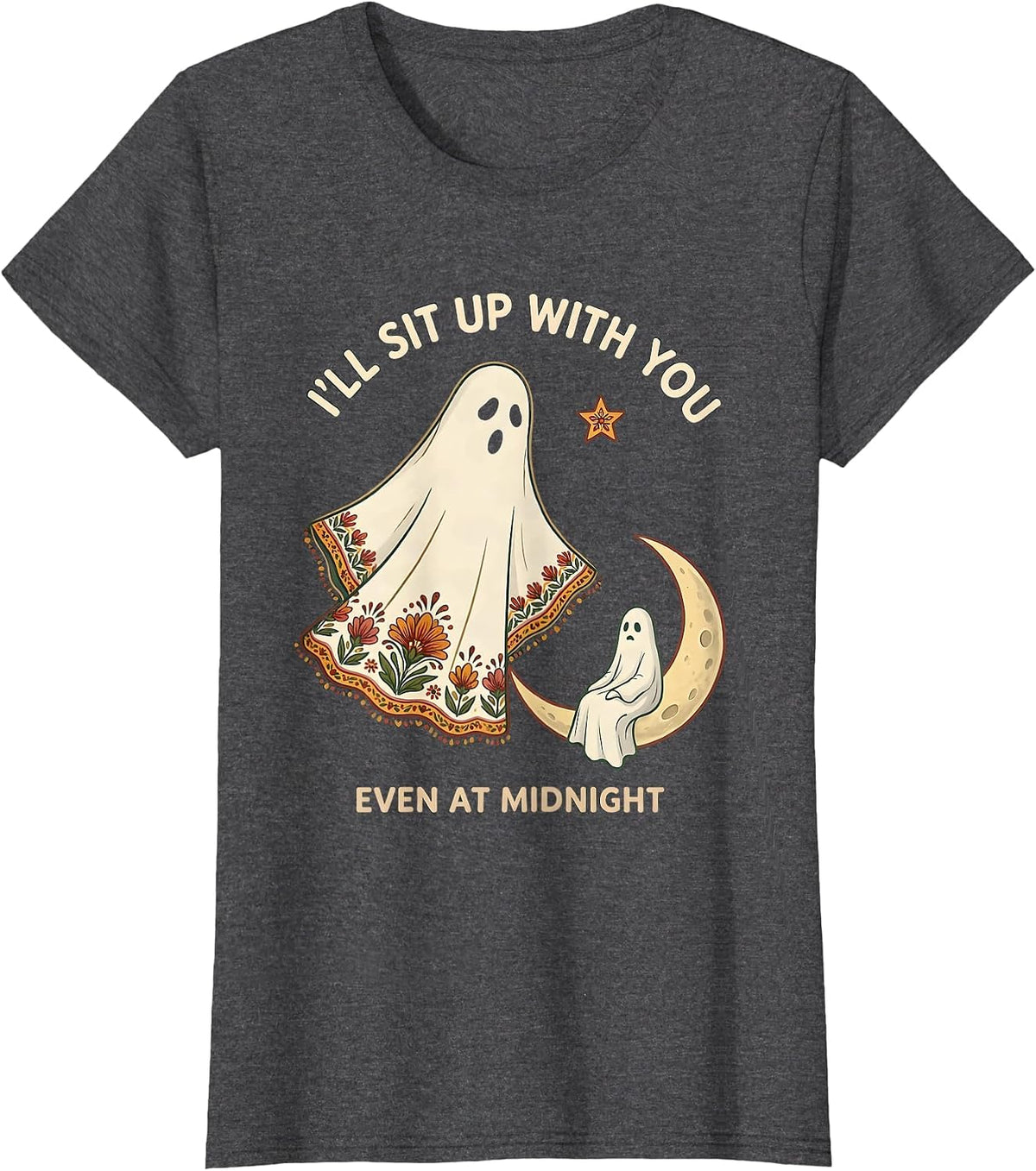 Women's I'll Sit Up With You, Even At Midnight Folk Art Ghost T-Shirt - Dark Heather Grey