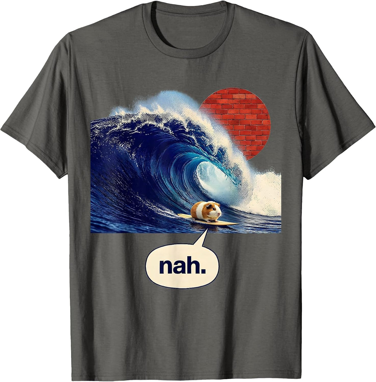 nah Monumental Wave Tiny Guinea Pig Surfing Funny Animal T-Shirt - Asphalt Grey