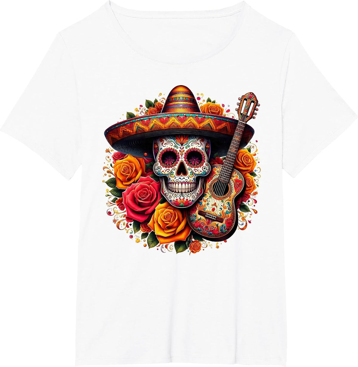 Funny Cinco De Mayo Skeleton Skull Fiesta Sombreros Guitar T-Shirt - White