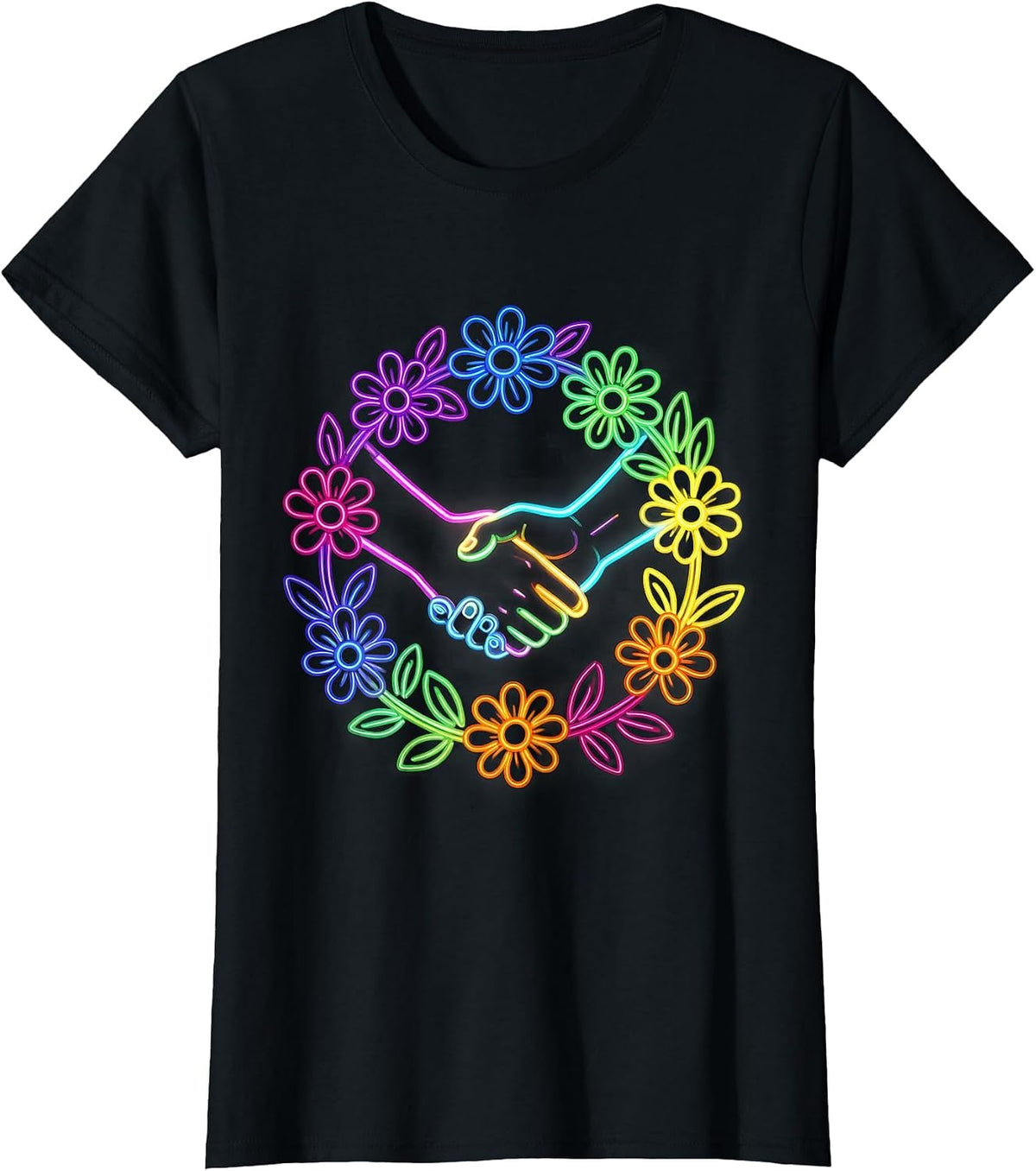Women's Pride Floral Hands Unity Graphic Design T-Shirt - Black