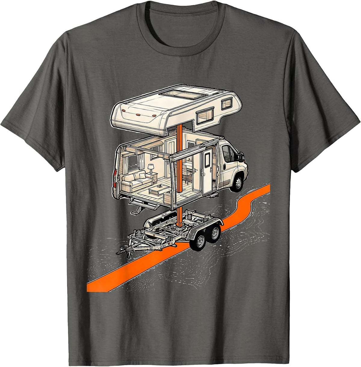 Camper Van Exploded View Retro Van Life Nomads T-Shirt - Asphalt Grey