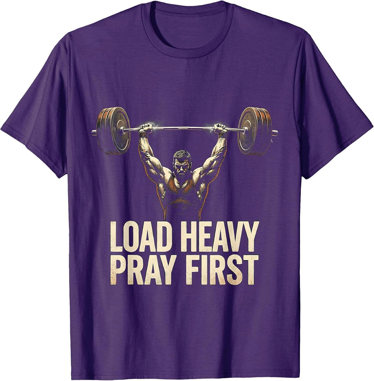 Load Heavy Pray First Vintage Christian Gym Faith Motivation T-Shirt - Purple