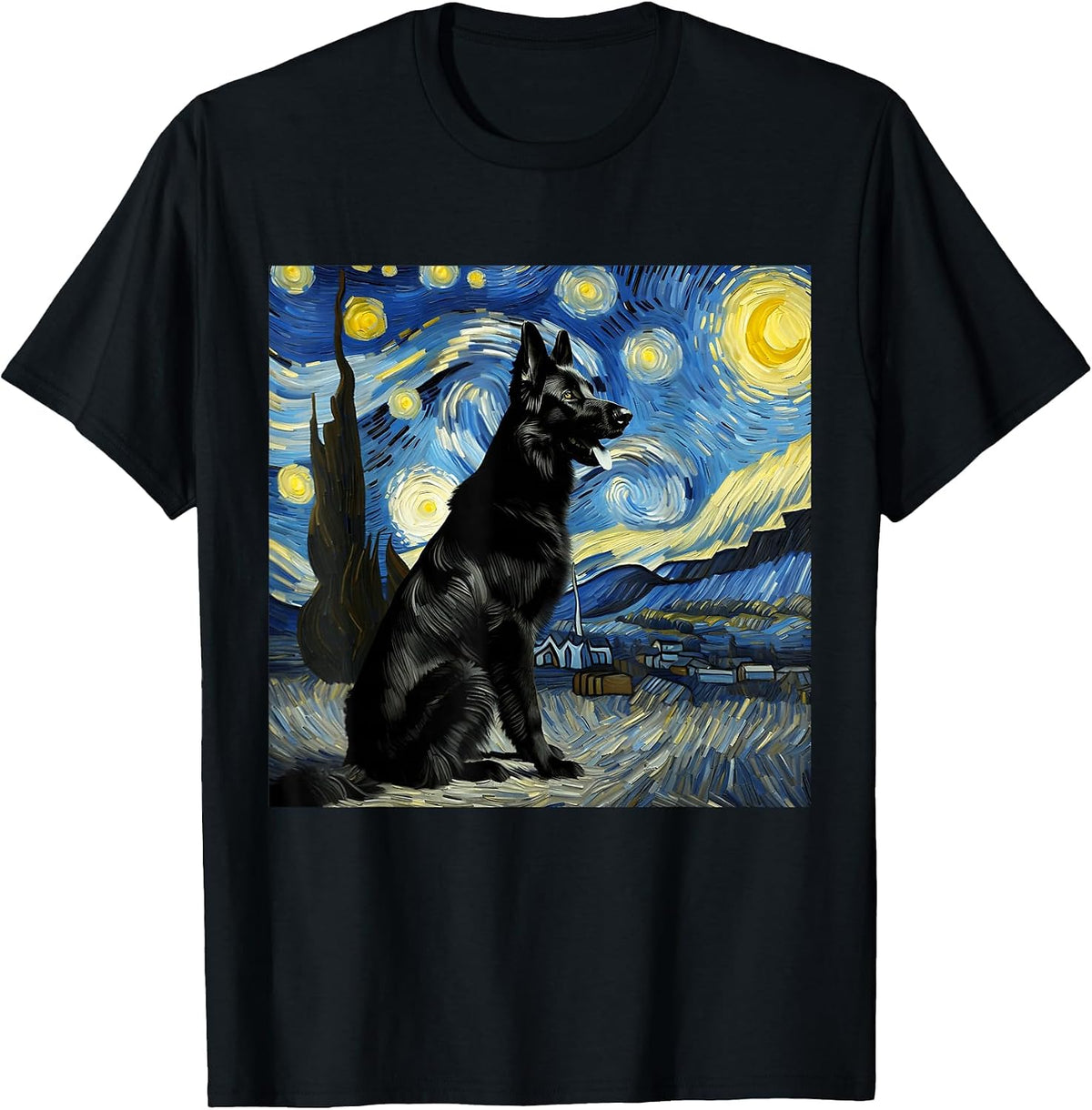 Black German Shepherd Starry Night Van Gogh Thanksgiving T-Shirt - Black