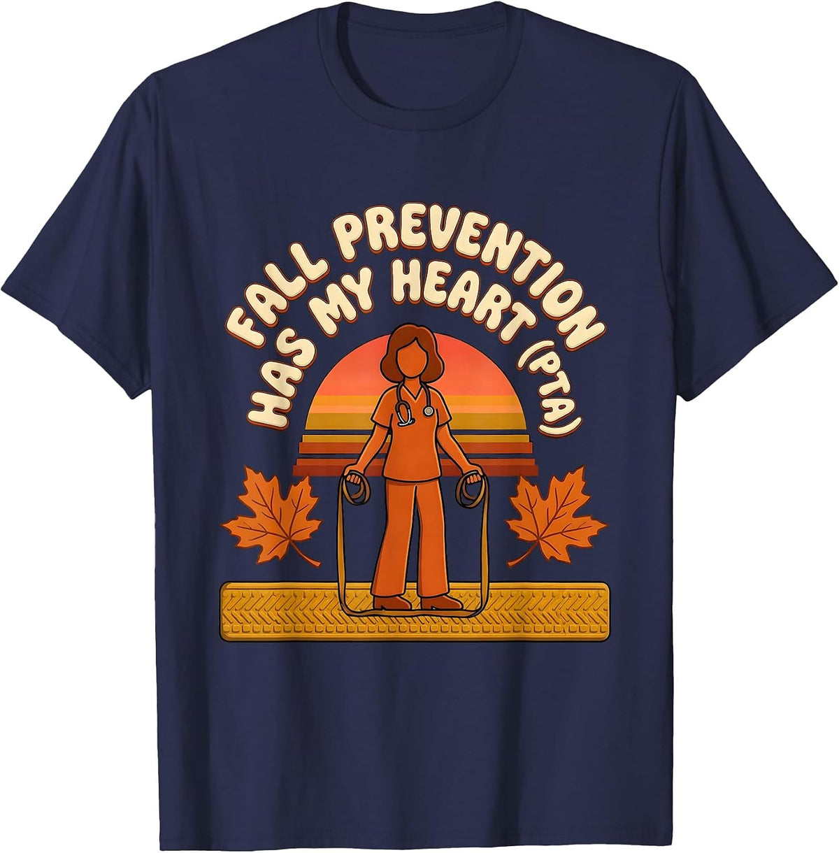 Men's Fall Prevention Has My Heart PTA Retro 70s Physical Therapy T-Shirt - Navy Blue