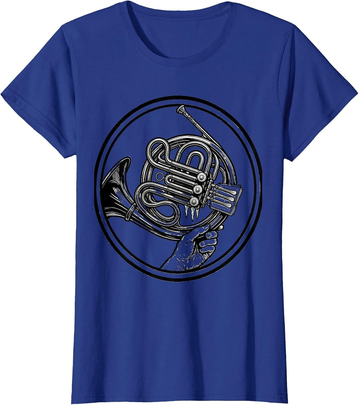 Women's French Horn Badge Line Art Band Player Humor T-Shirt - Royal Blue