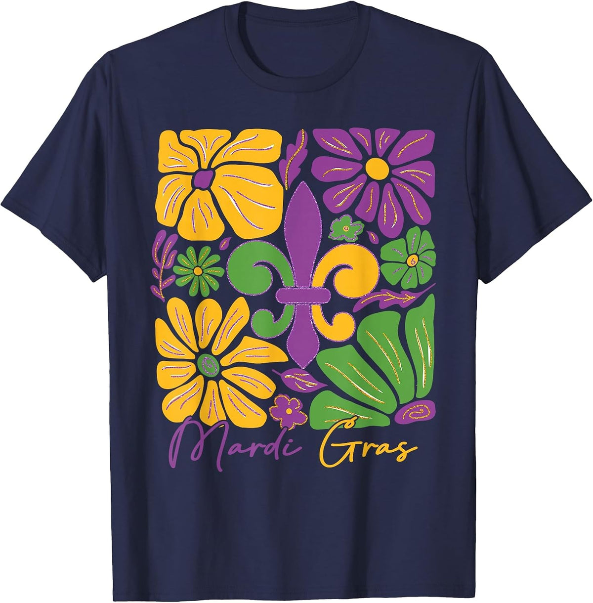Mardi Gras Fleur De Lis Boho Floral New Orleans & Louisiana T-Shirt - Navy Blue