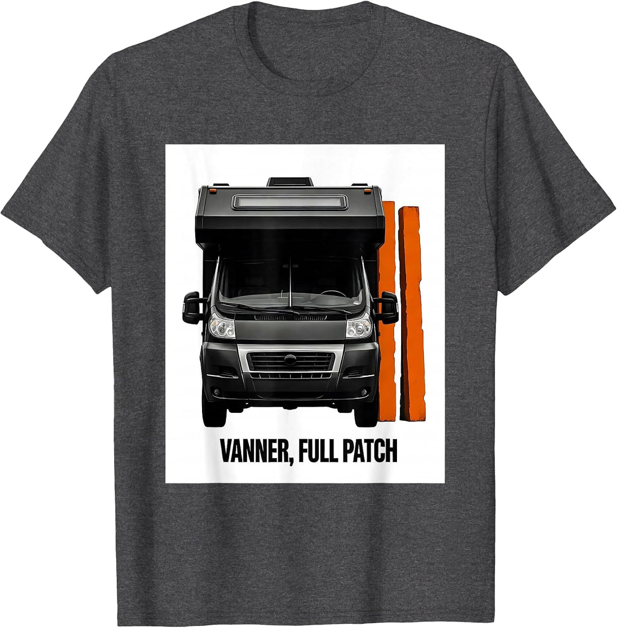 VANNER, FULL PATCH Brutalist Van Life Nomad Retro Humor T-Shirt - Dark Heather Grey