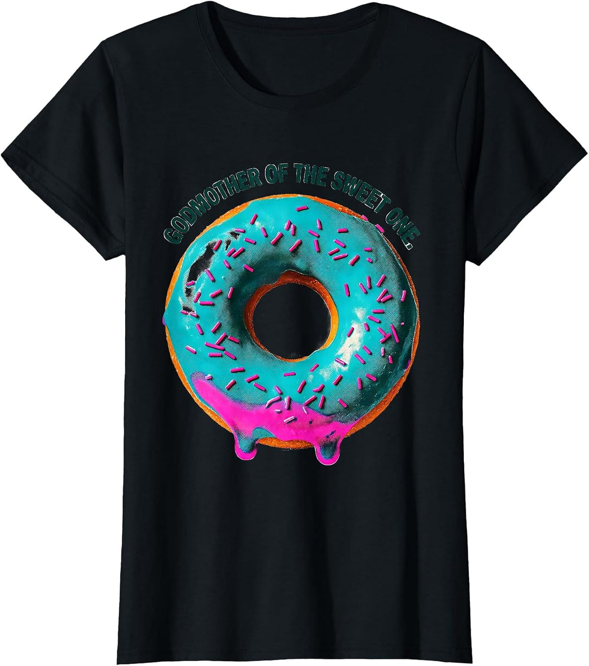 Godmother Of The Sweet One Risograph Donut Birthday Family T-Shirt - Black