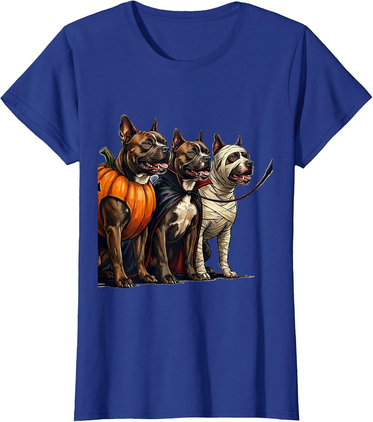 Women's Pit Bull Terrier Squad Pumpkin Vampire Mummy Halloween Dog T-Shirt - Royal Blue