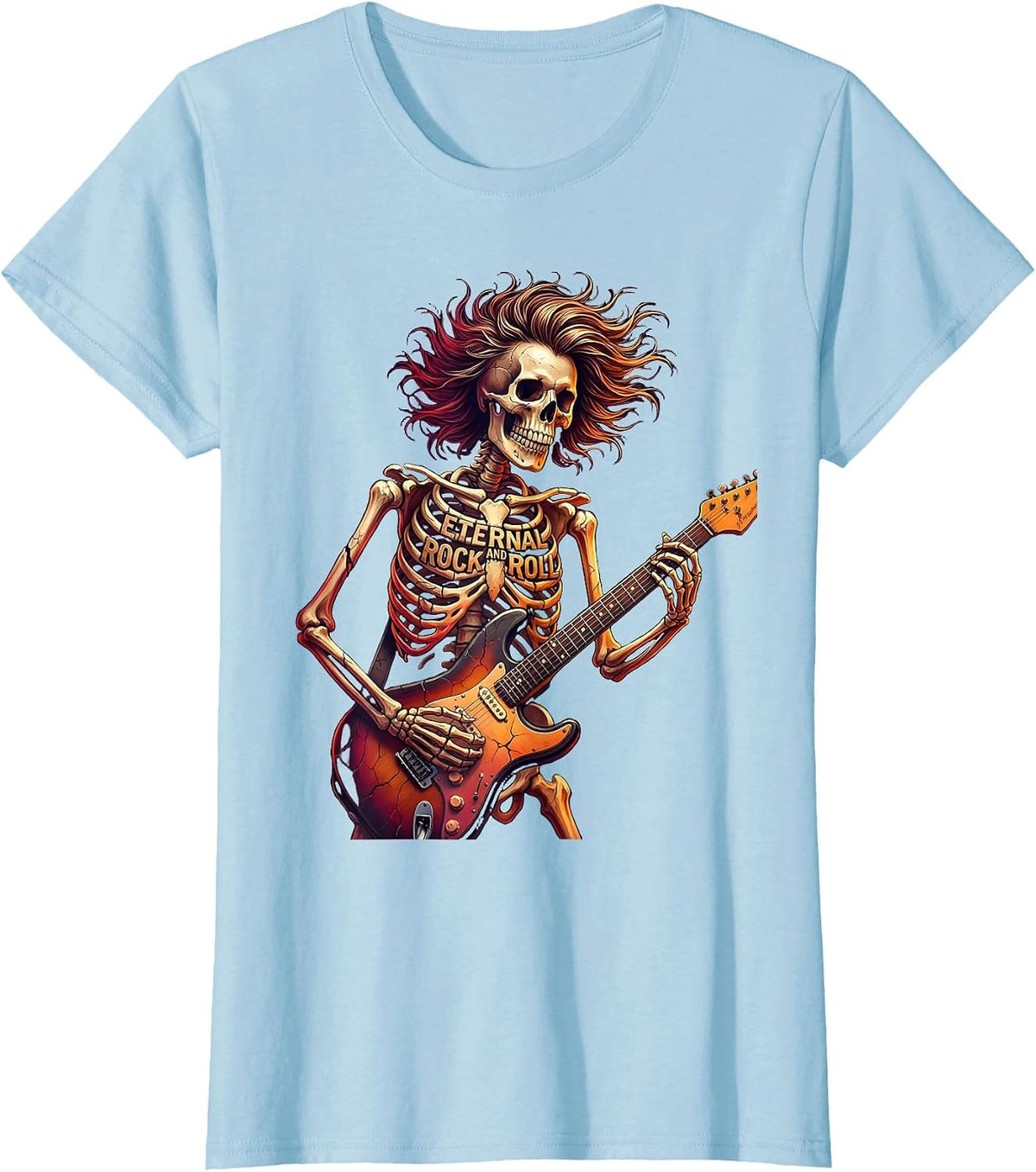 Skeleton Rock Band Eternal Rock And Roll Halloween T-Shirt - Baby Blue