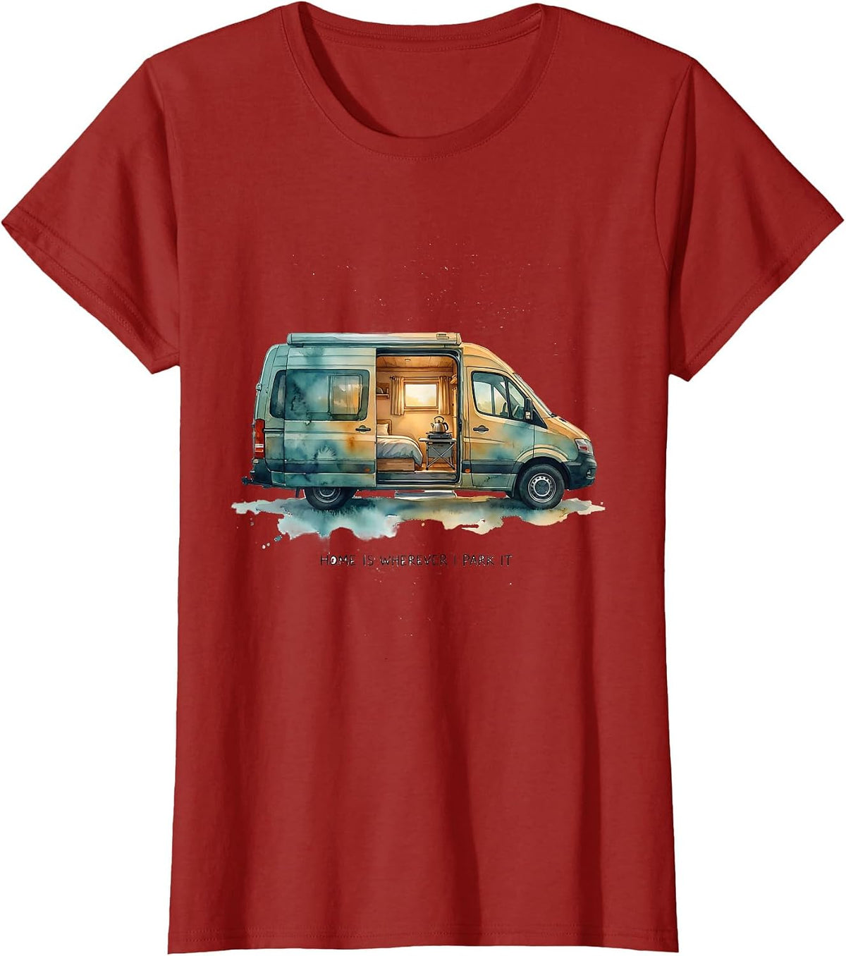 Women's Home Is Wherever I Park It Watercolor Van Life Road Trip T-Shirt - Cranberry Red
