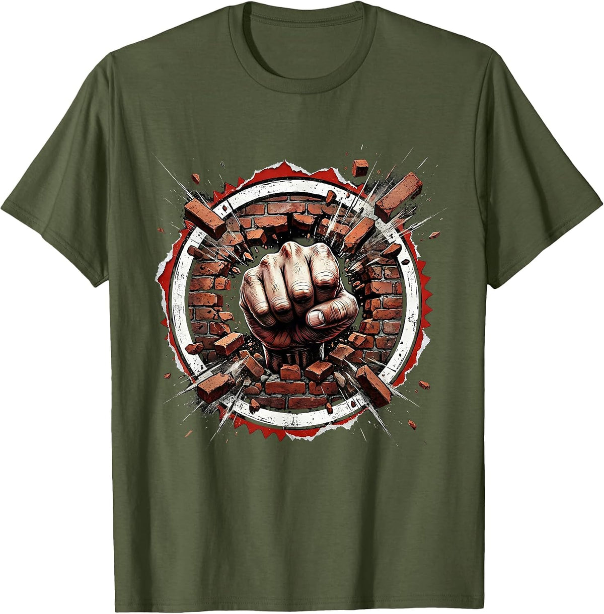 Rock Fist Punching Through Brick Wall Graphic T-Shirt - Olive Green