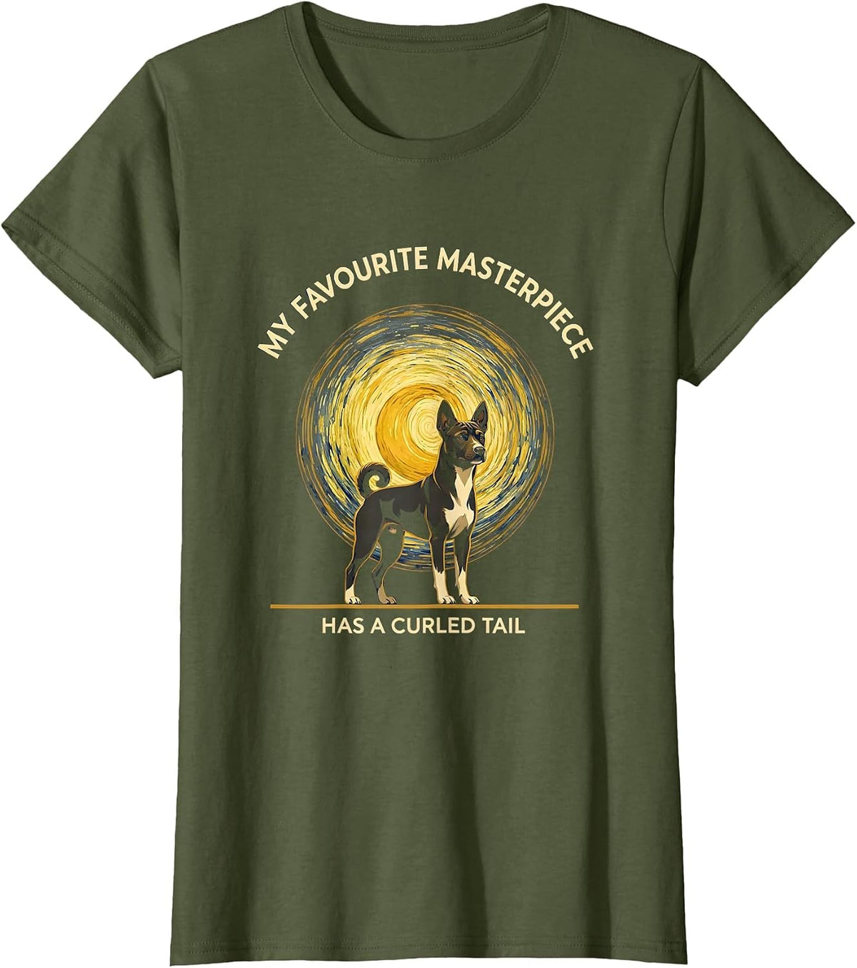 Women's My Favourite Masterpiece Has A Curled Tail Basenji Portrait T-Shirt - Olive Green