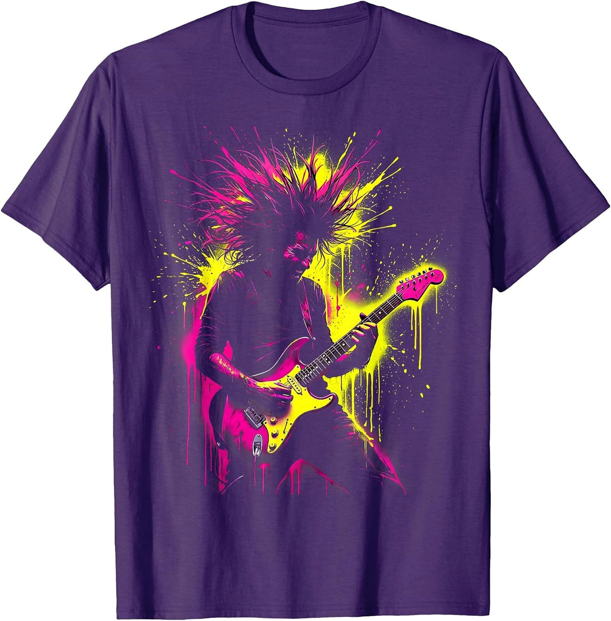 Headbanging Guitarist Wild Hair Rock Band Tee T-Shirt - Purple