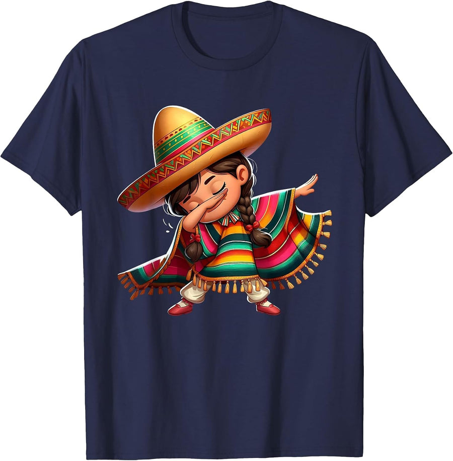 Mexican Girl Dabbing Poncho Happy Party Cinco de Mayo T-Shirt - Navy Blue