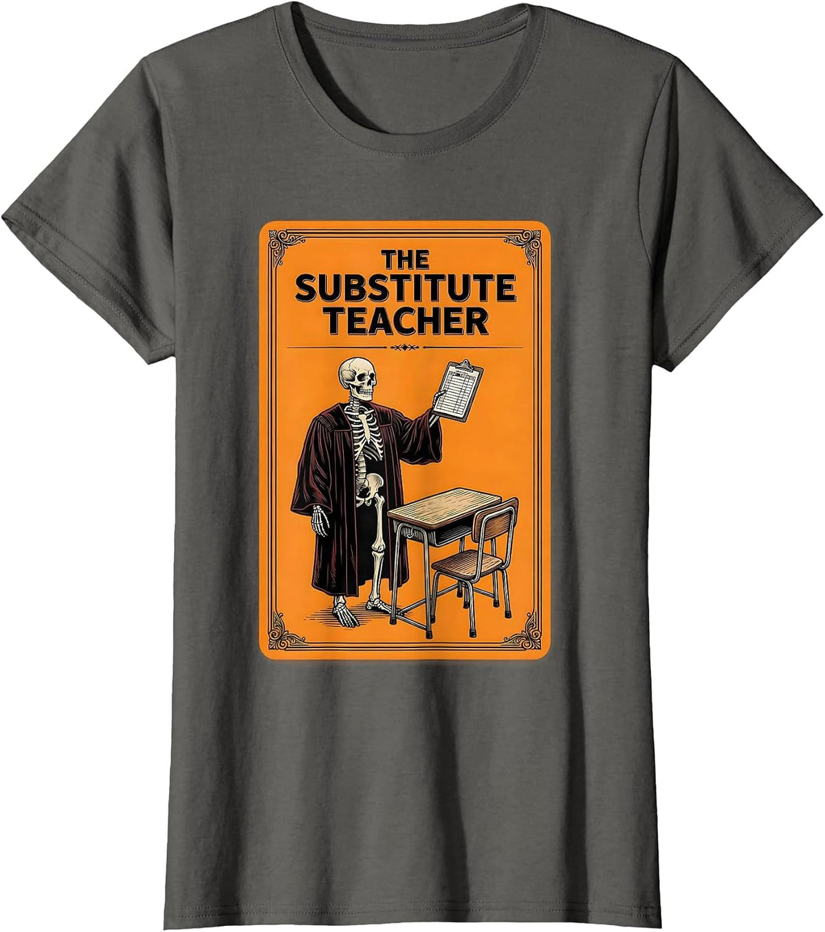 Women's The Substitute Teacher Tarot Card Halloween Skeleton Gothic T-Shirt - Asphalt Grey