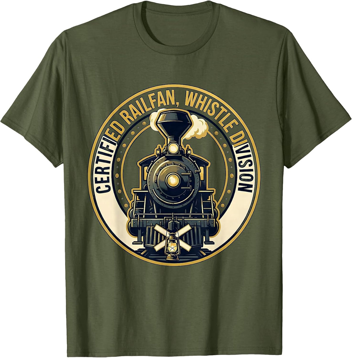 Men's Certified Railfan Whistle Division Vintage Steam Locomotive T-Shirt - Olive Green