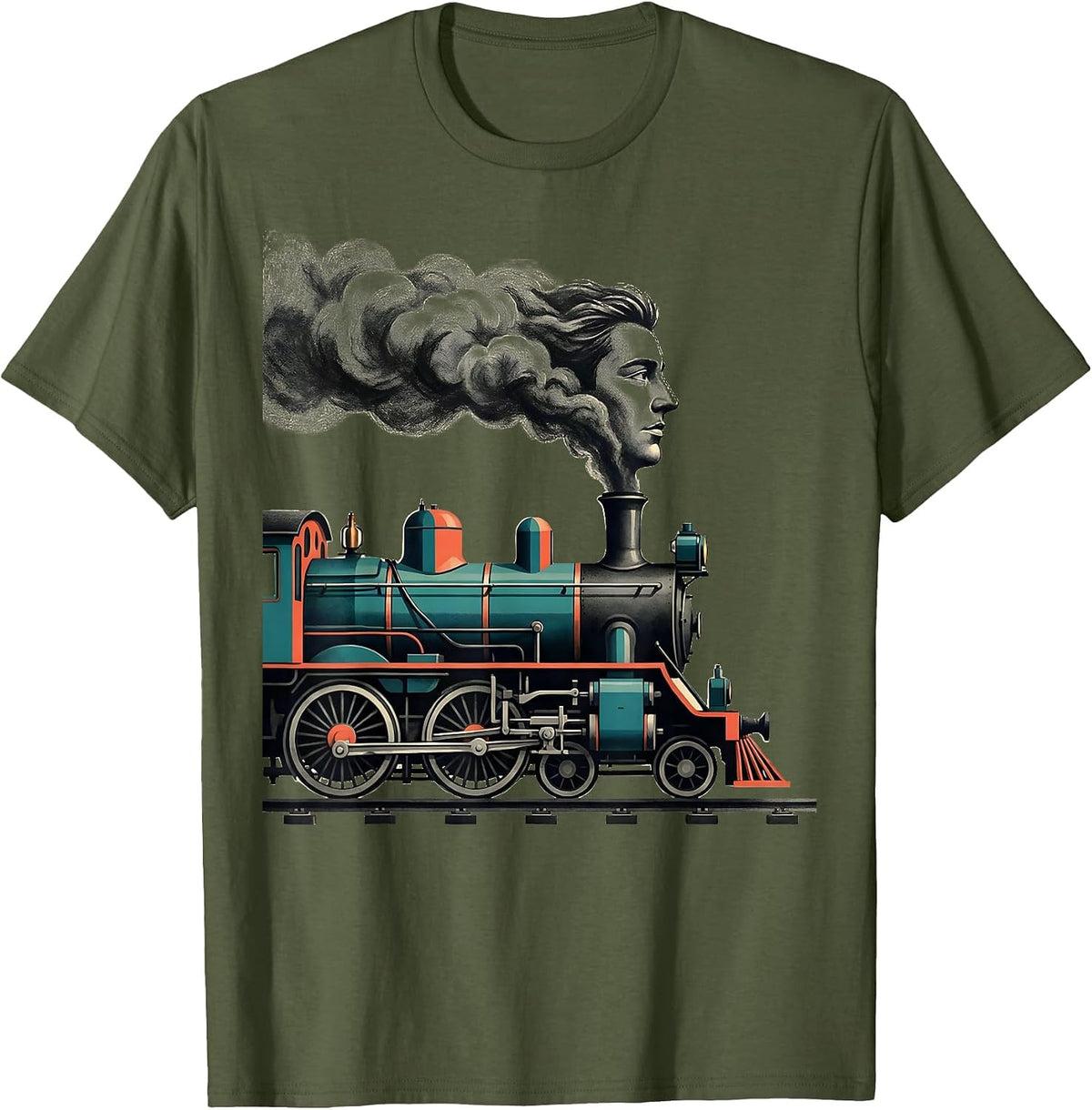 Steam Locomotive Profile Midcentury Modern Train Enthusiast T-Shirt - Olive Green