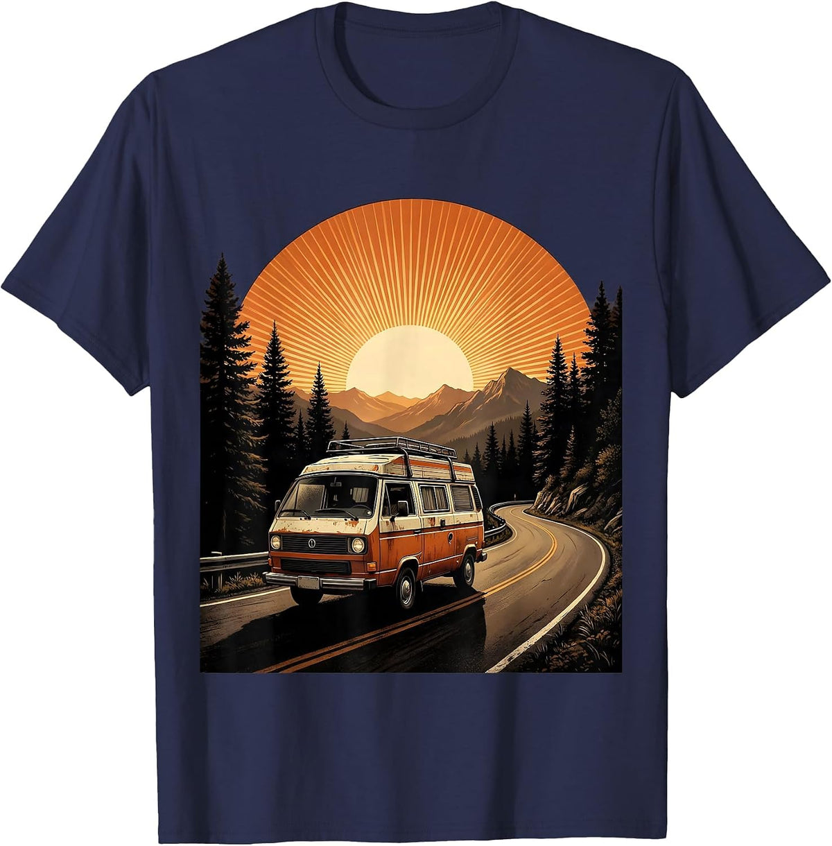 Retro Camper Van Sunset Mountain Road T-Shirt - Navy Blue