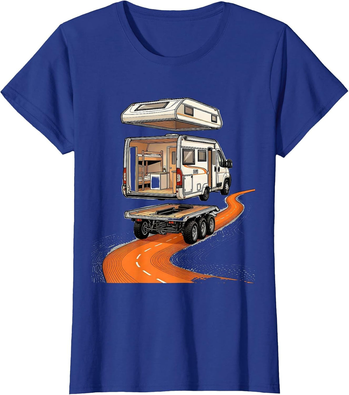Women's Camper Van Exploded View Retro Van Life Nomads T-Shirt - Royal Blue