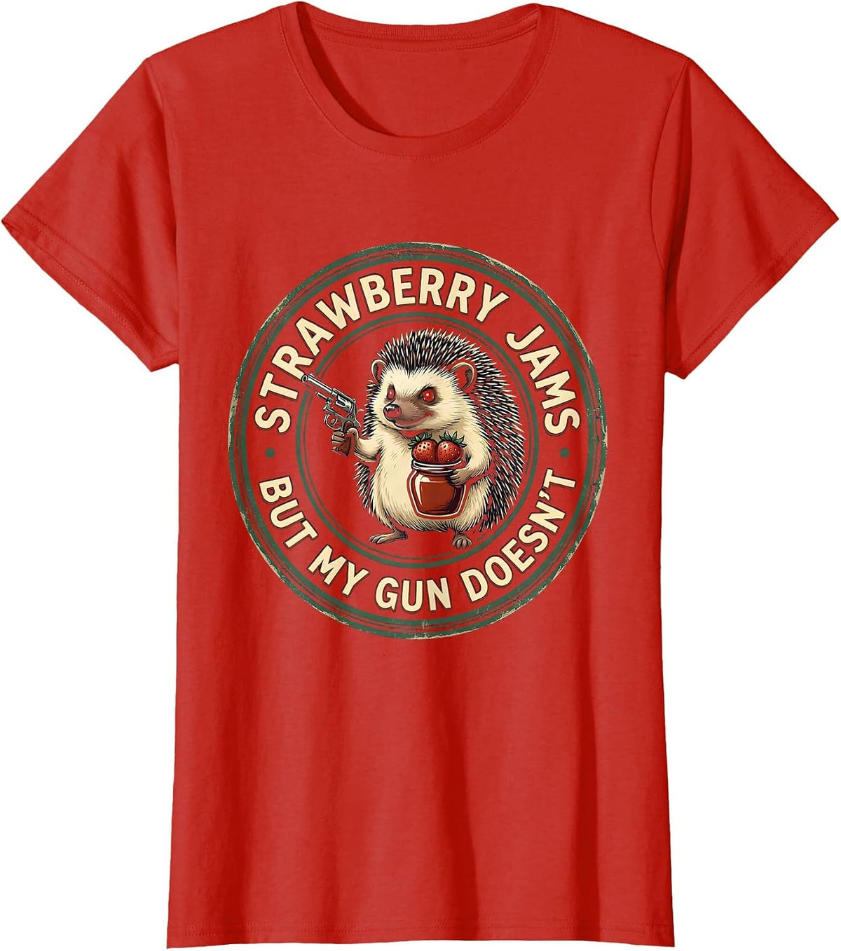 Strawberry Jams But My Gun Doesn't Funny Hedgehog Vintage T-Shirt - Red