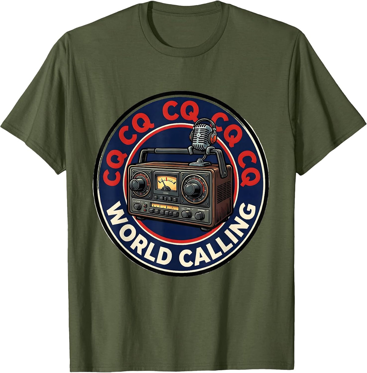 CQ CQ CQ, World Calling Vintage Ham Radio Design T-Shirt - Olive Green