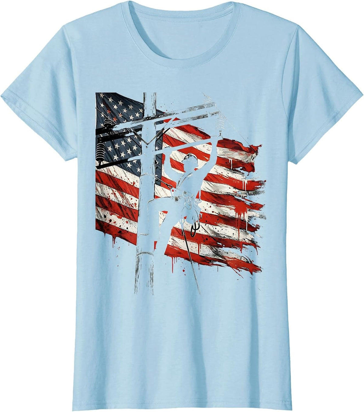 American Flag Lineman Silhouette Patriotic Design T-Shirt - Baby Blue