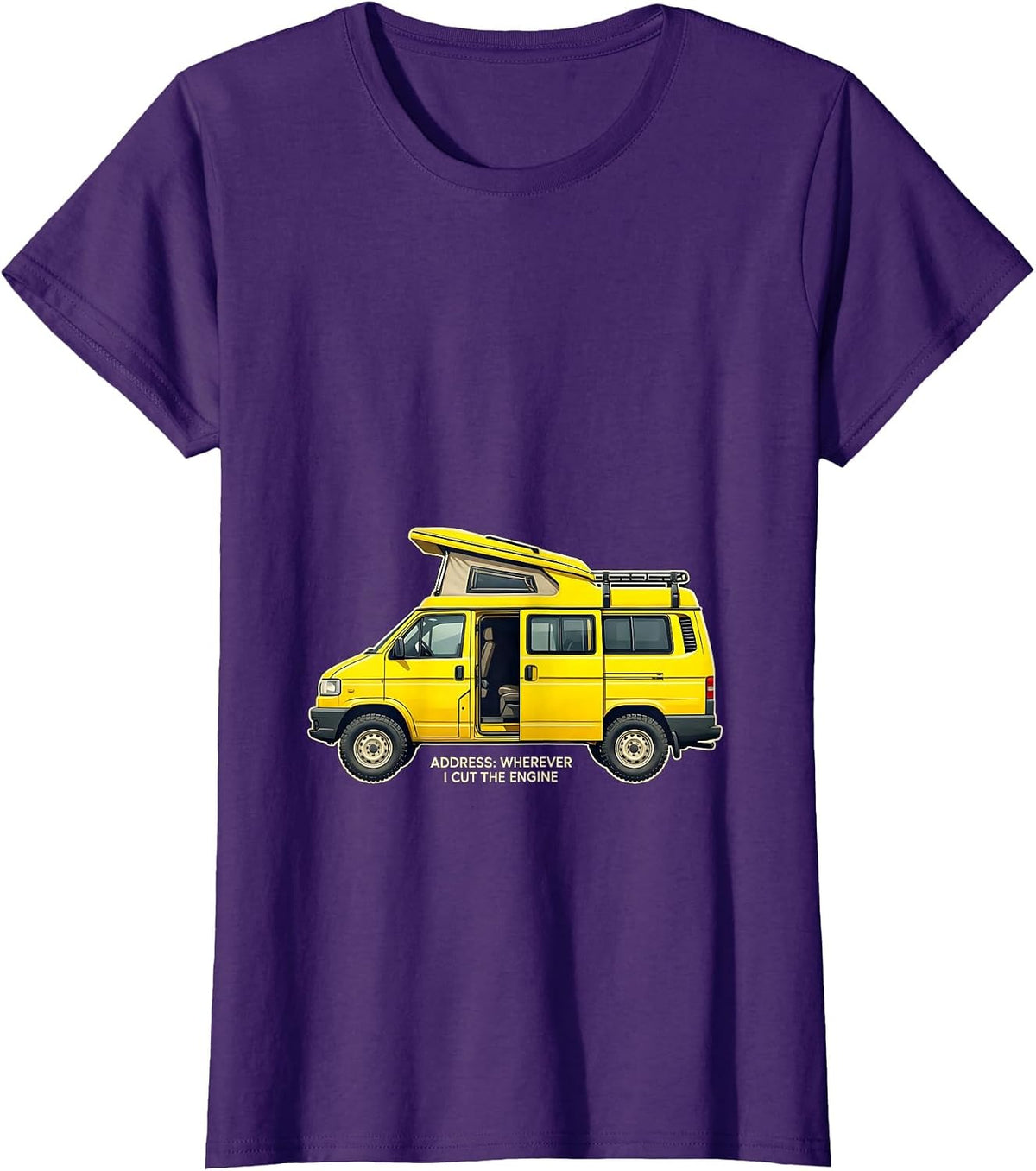 Women's Address: Wherever I Cut The Engine Retro Van Life Camper Van T-Shirt - Purple
