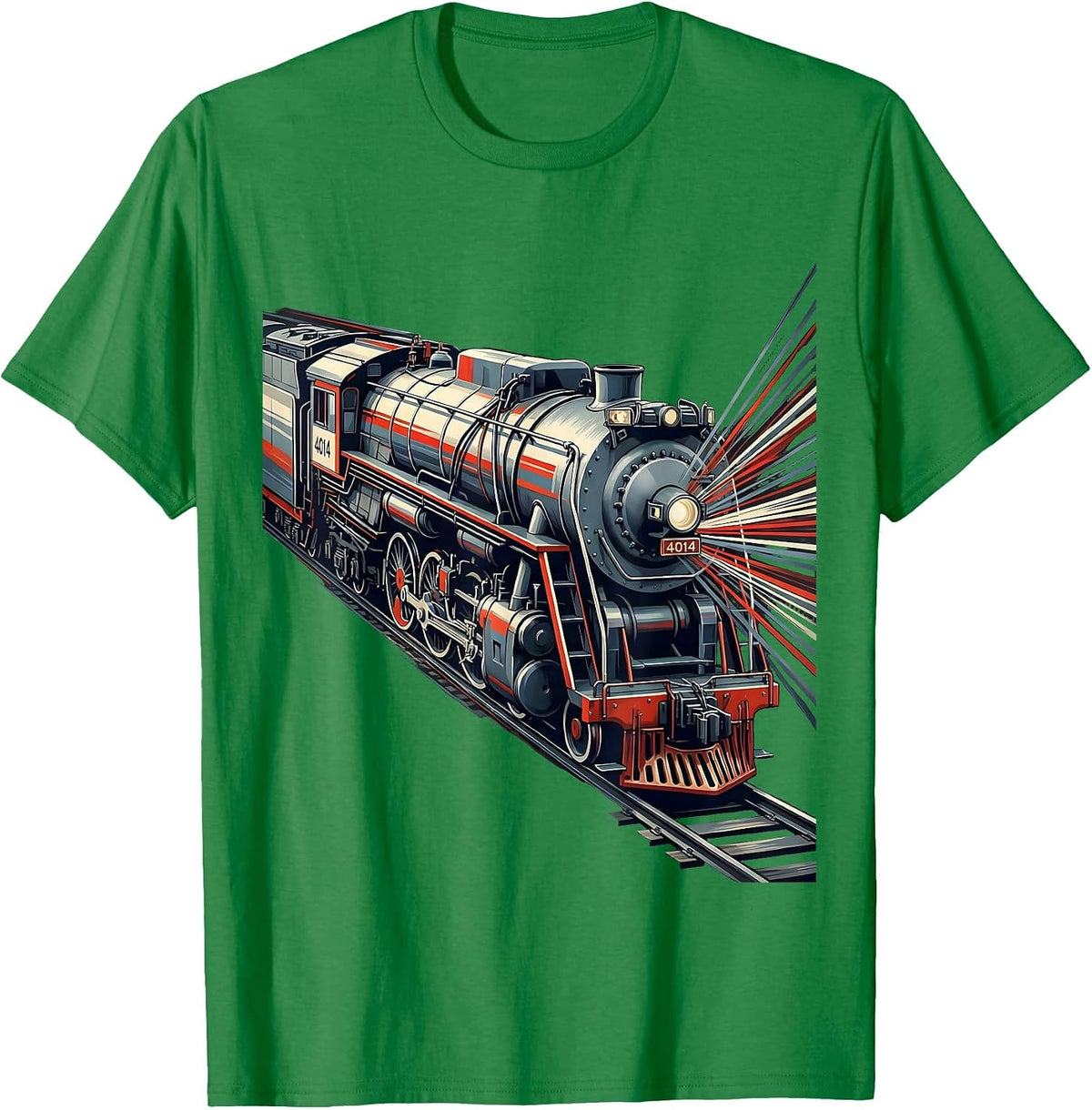 Men's 4014 Futurist Steam Locomotive Railroad Enthusiast Model T-Shirt - Kelly Green