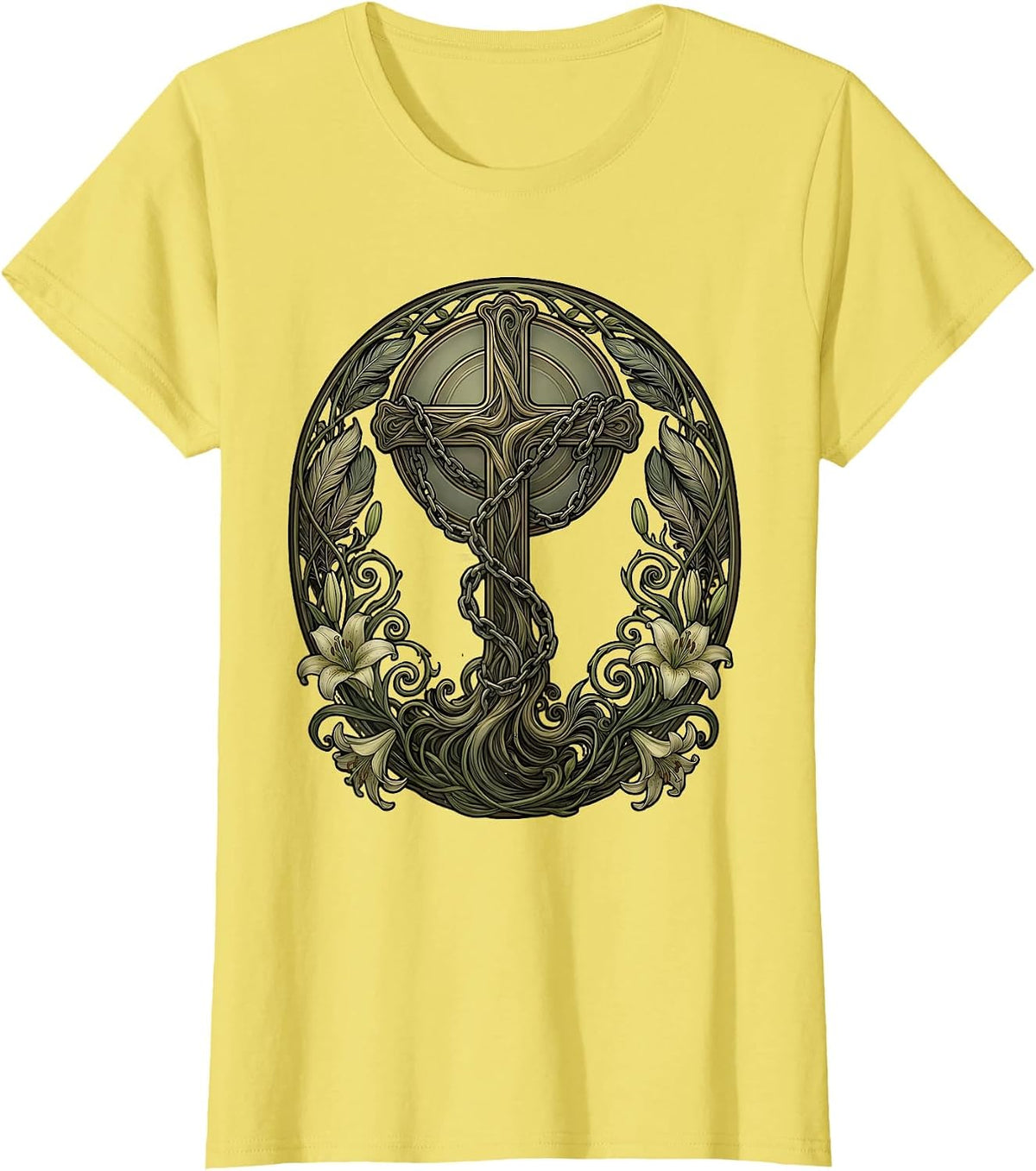Broken Chains Falling Cross Christian Faith Design T-Shirt - Lemon Yellow