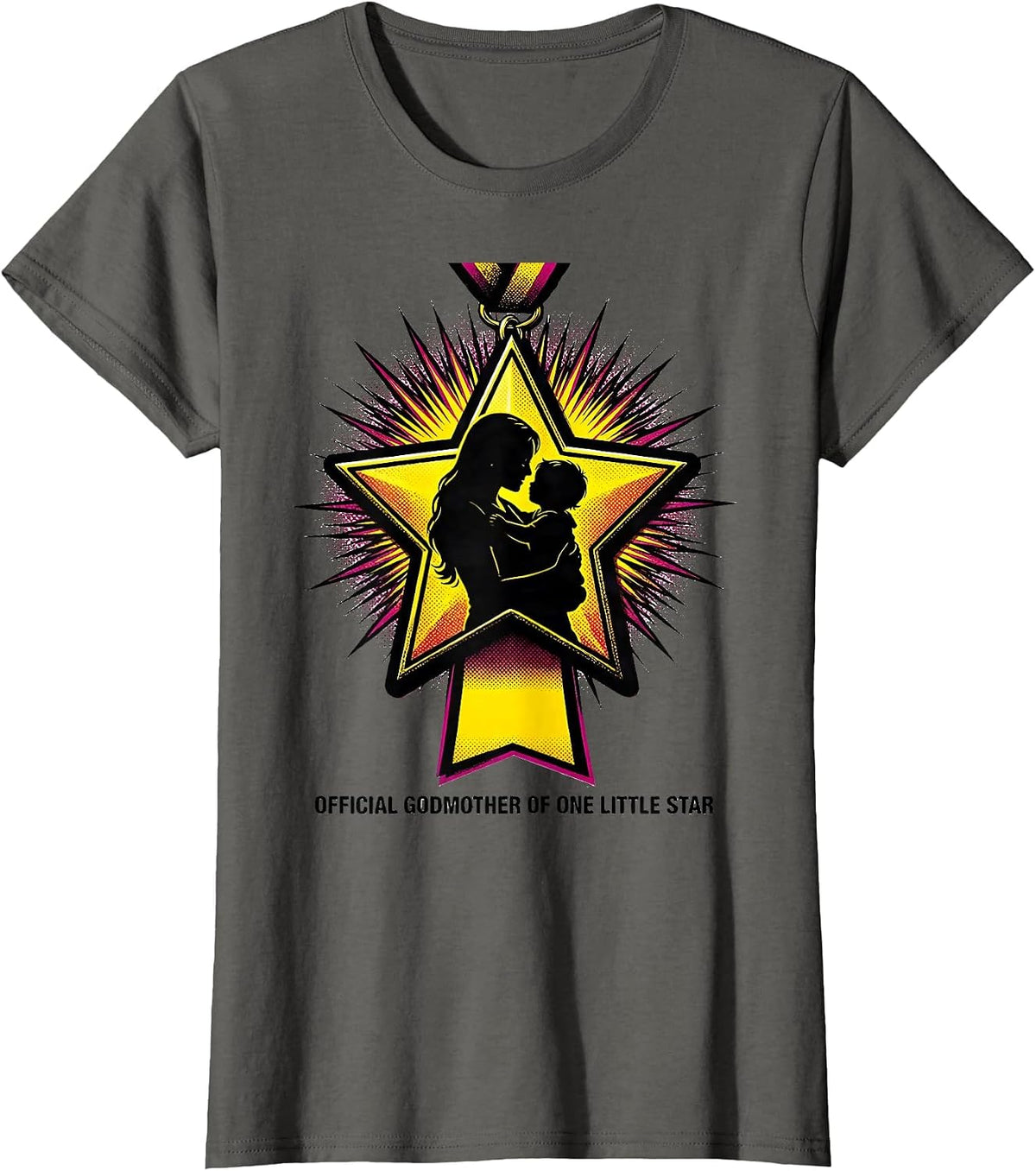 Women's Official Godmother of One Little Star Pop Art Family Humor T-Shirt - Asphalt Grey
